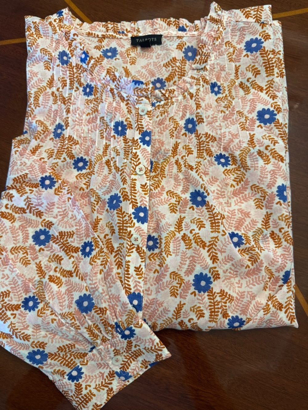Talbots Floral Button-Front Cotton Blouse in Blue & Peach